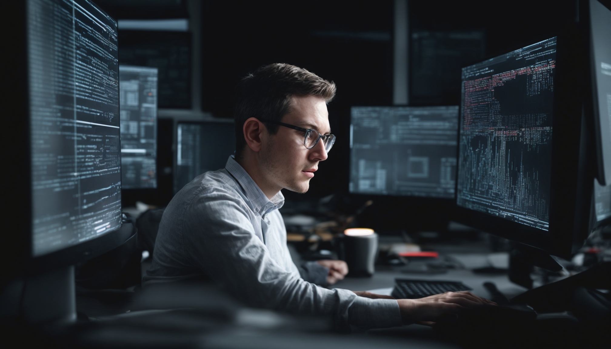 Candid photograph of a focused web developer working behind a sleek desk