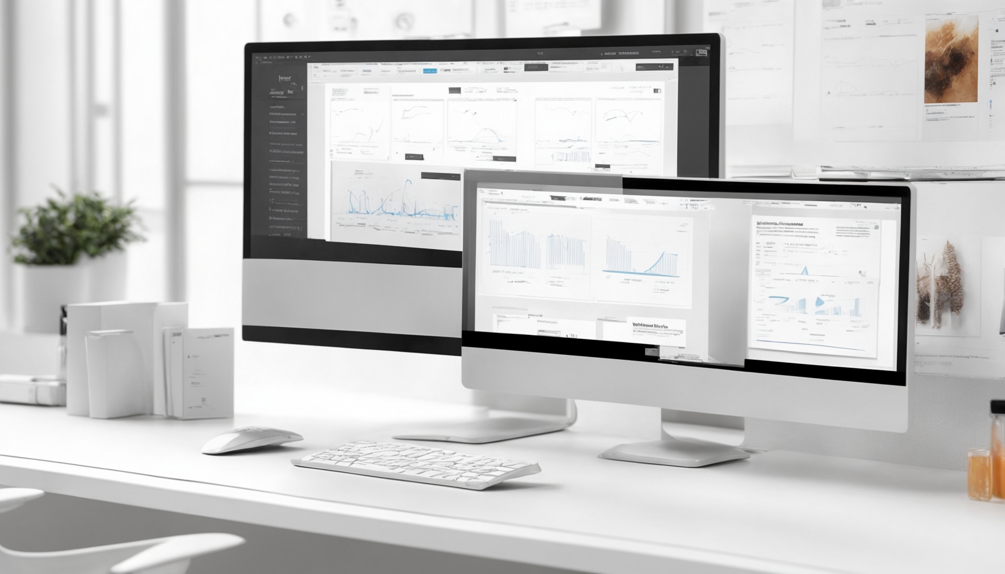 E-commerce web development solution workstation with analytics dashboard and product wireframe on dual monitors