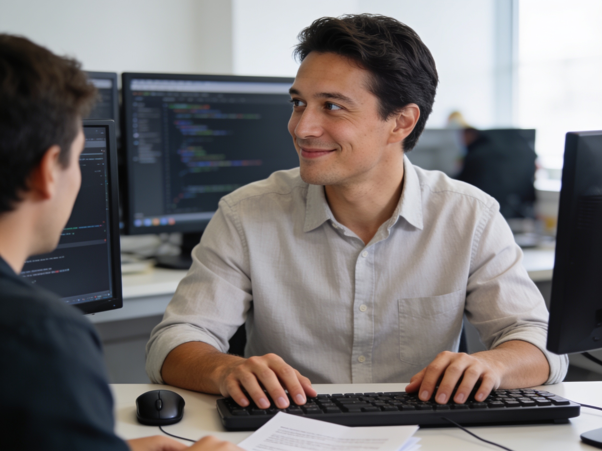 Developer analyzing digital tools on a computer screen in a bright office