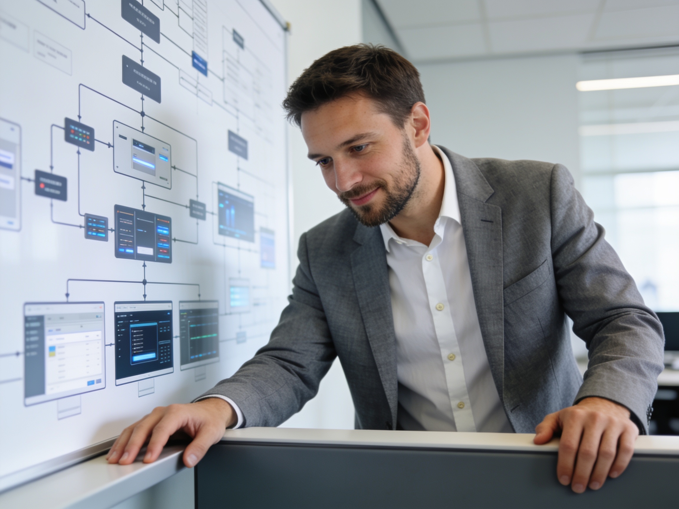 Developer analyzing architecture diagram for modern web development trends