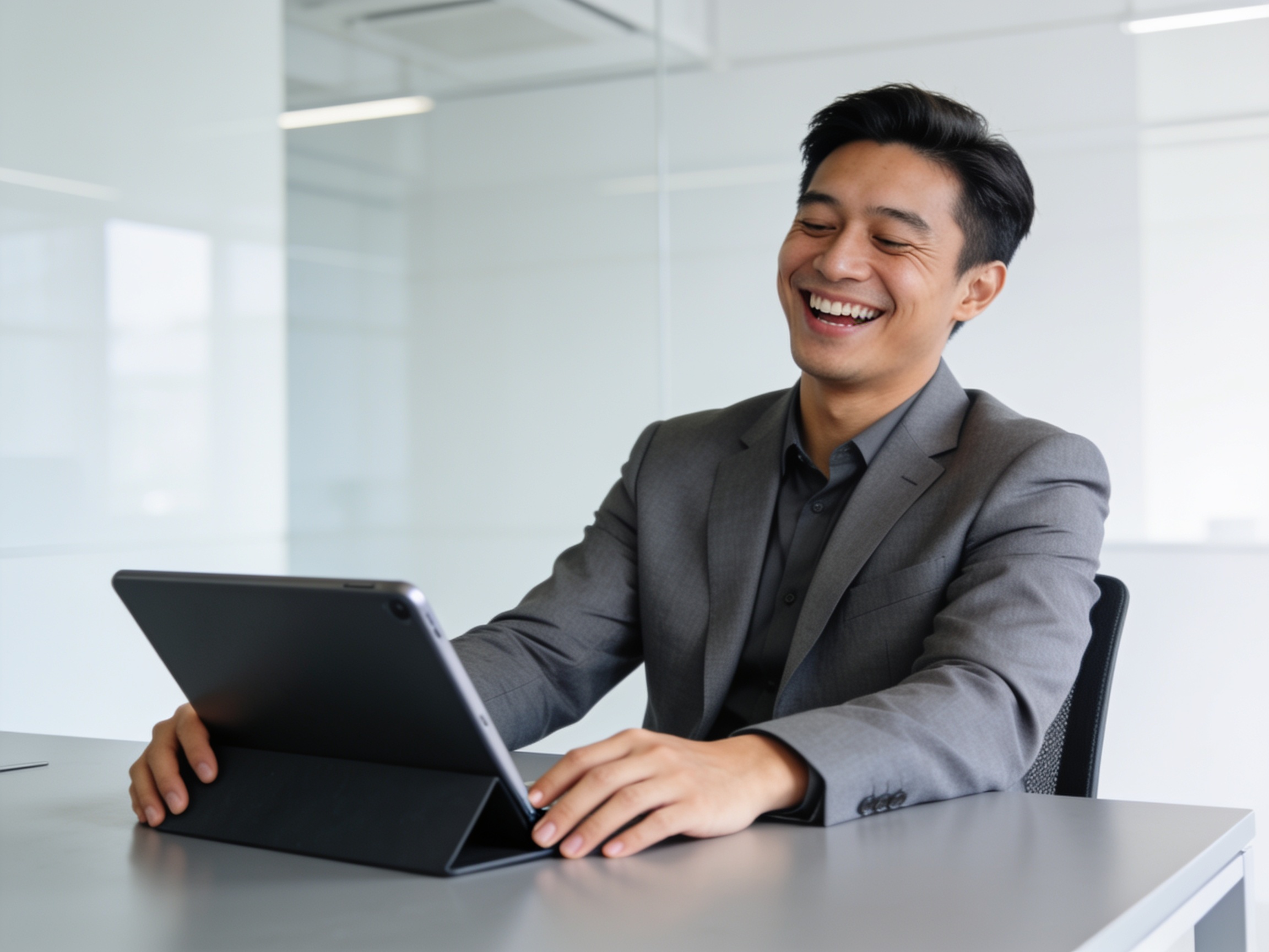 Asian developer reviewing scalable web programming solutions on a tablet in a modern office