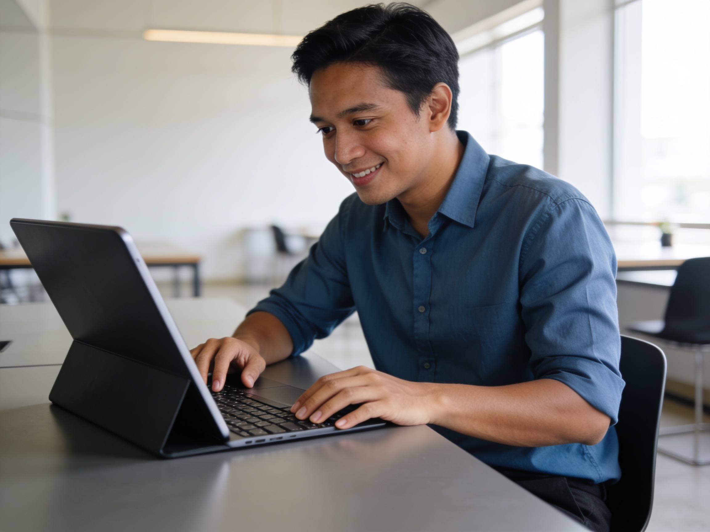Indonesian web developer analyzing modern web development trends on a laptop in a workspace.
